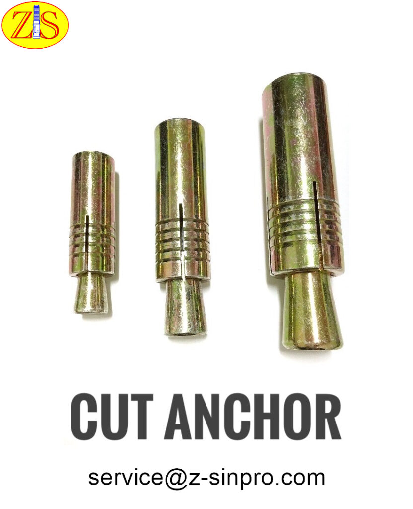 Cut anchor is a female thread anchor. Anchor will not stick out from surface after installation. Cut anchor can be installed with hex bolt and hook bolt.