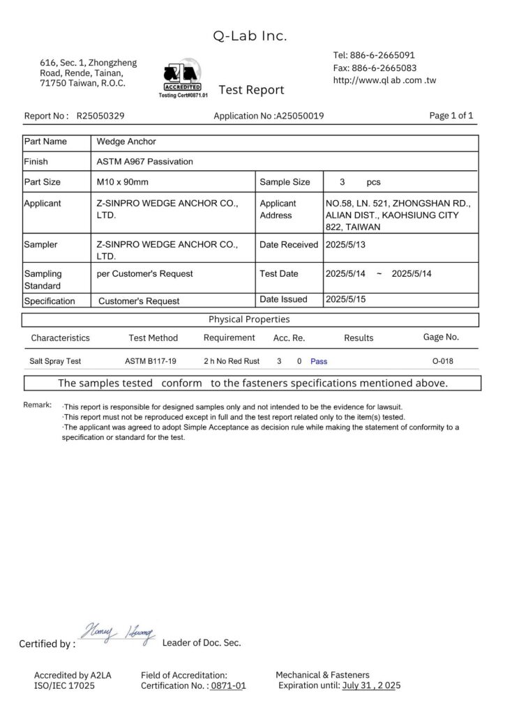 ASTM A967 PASSIVATION ASTM B117